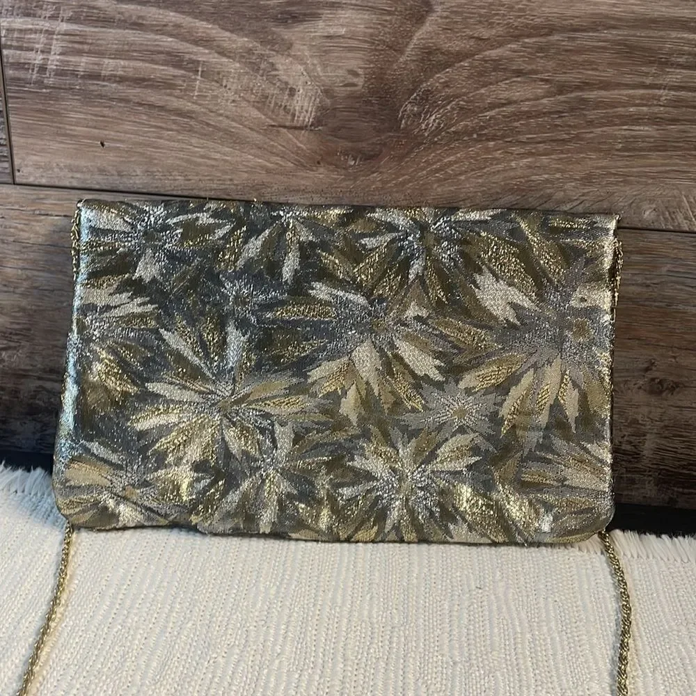 Evening Bag,Metallic Gold & Silver Floral Design,Goldtone Chain 10 1/2”W x 6” L